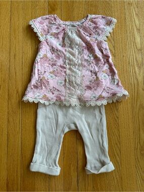 MONKEY BARS - Pink Floral Lace-Trim Baby Top and Cream Leggings Set
